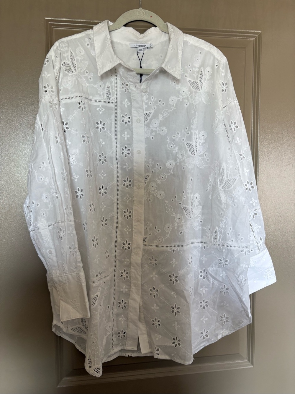 Chico's White Embroidered Eyelet Button-Down Shirt